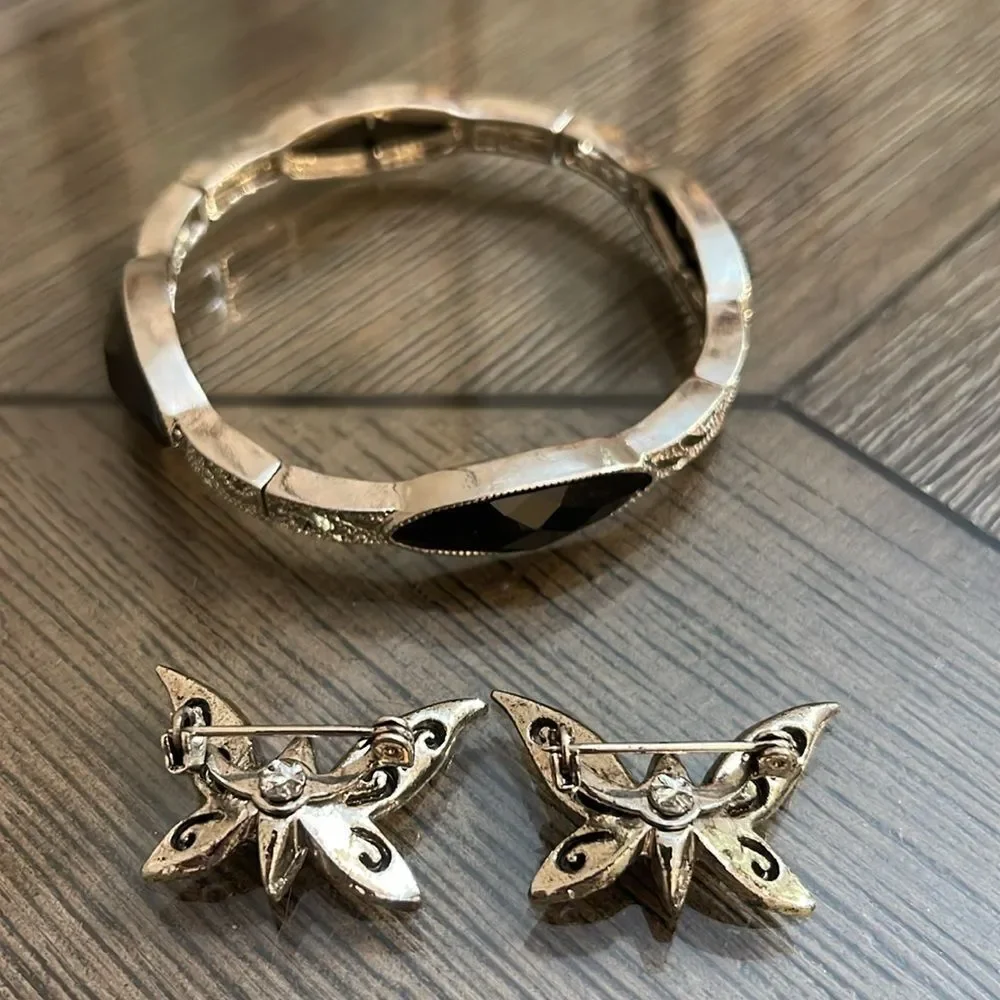 2 Vintage Sliver-tone Butterfly with Jet Black Rhinestone with Bracelet